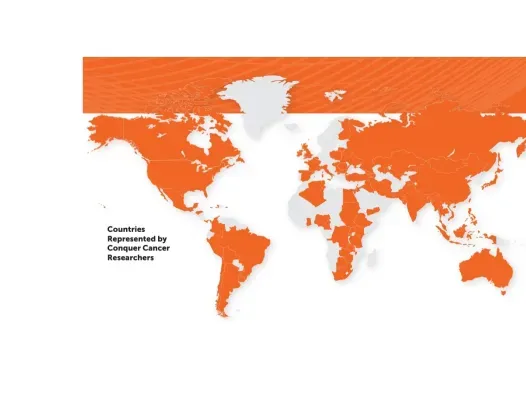 Global map of countries represented by Conquer Cancer-funded researchers. There are 80 countries shaded orange.