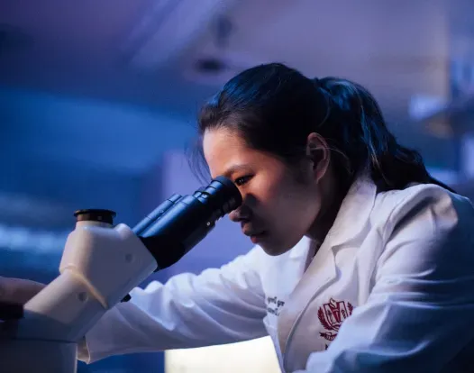 A researcher looks through a microscope in a laboratory setting.