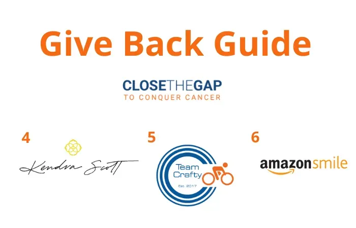'Give Back Guide' in large orange font located top center. Beneath is the 'Close the Gap to Conquer Cancer' campaign logo. From left to right on bottom: 4: Kendra Scott logo. 5: Team Crafty logo. 6: AmazonSmile logo.
