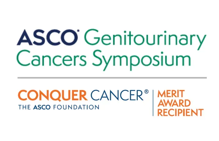 ASCO Genitourinary Cancers Symposium logo paired with Conquer Cancer Merit Award Recipient logo