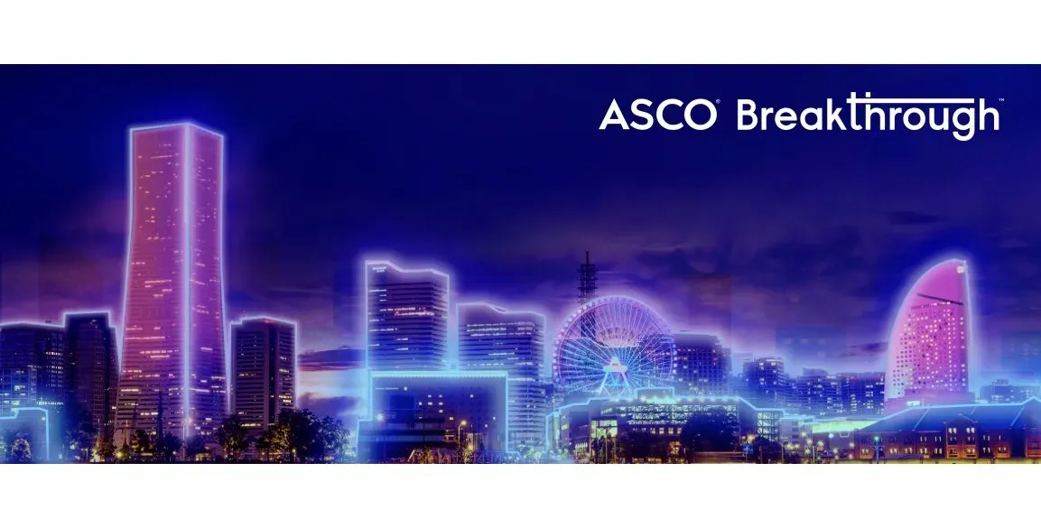ASCO Breakthrough logo on top of an illustrated design of Yokohama, Japan. The city appears in neon, lurid colors of indigo, violet, and light blue.