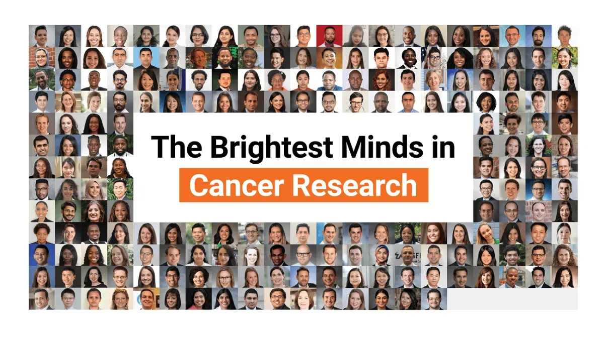 Collage of all Conquer Cancer grant and award recipients in 2023. Middle text reads The Brightest Minds in Cancer Research.