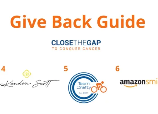 'Give Back Guide' in large orange font located top center. Beneath is the 'Close the Gap to Conquer Cancer' campaign logo. From left to right on bottom: 4: Kendra Scott logo. 5: Team Crafty logo. 6: AmazonSmile logo.