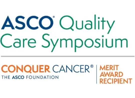 ASCO Quality Care Symposium logo on top, colored turquoise green, and Conquer Cancer's Merit Award Recipient logo on bottom, colored orange and ASCO branded blue