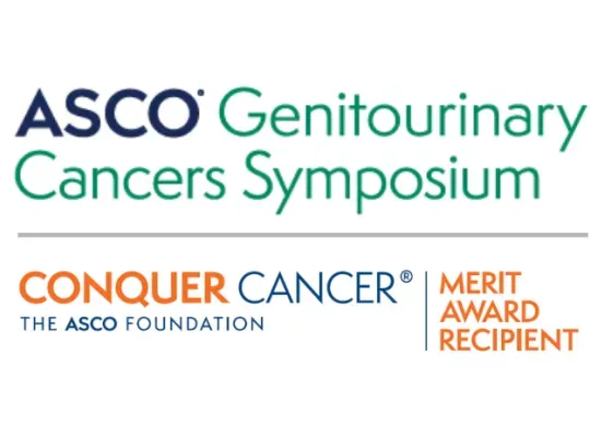 ASCO Genitourinary Cancers Symposium logo paired with Conquer Cancer Merit Award Recipient logo