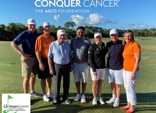 (Left to right): Ernie Els; Skip Burris, MD, FACP, FASCO; Jack Nicklaus; Raj Mantena, RPh; Annika Sörenstam; Clifford Hudis, MD, FACP, FASCO; Nancy Daly, MS, MPH, at the 2021 Integra Golf Classic.