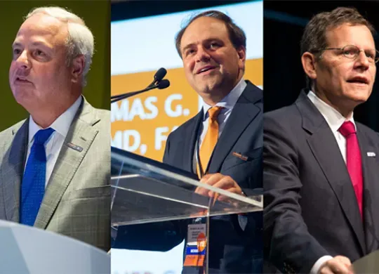 Dr. Burris, Dr. Roberts, and Dr. Hudis speaking at podiums during ASCO events