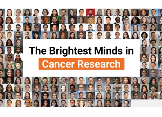 Collage of all Conquer Cancer grant and award recipients in 2023. Middle text reads The Brightest Minds in Cancer Research.